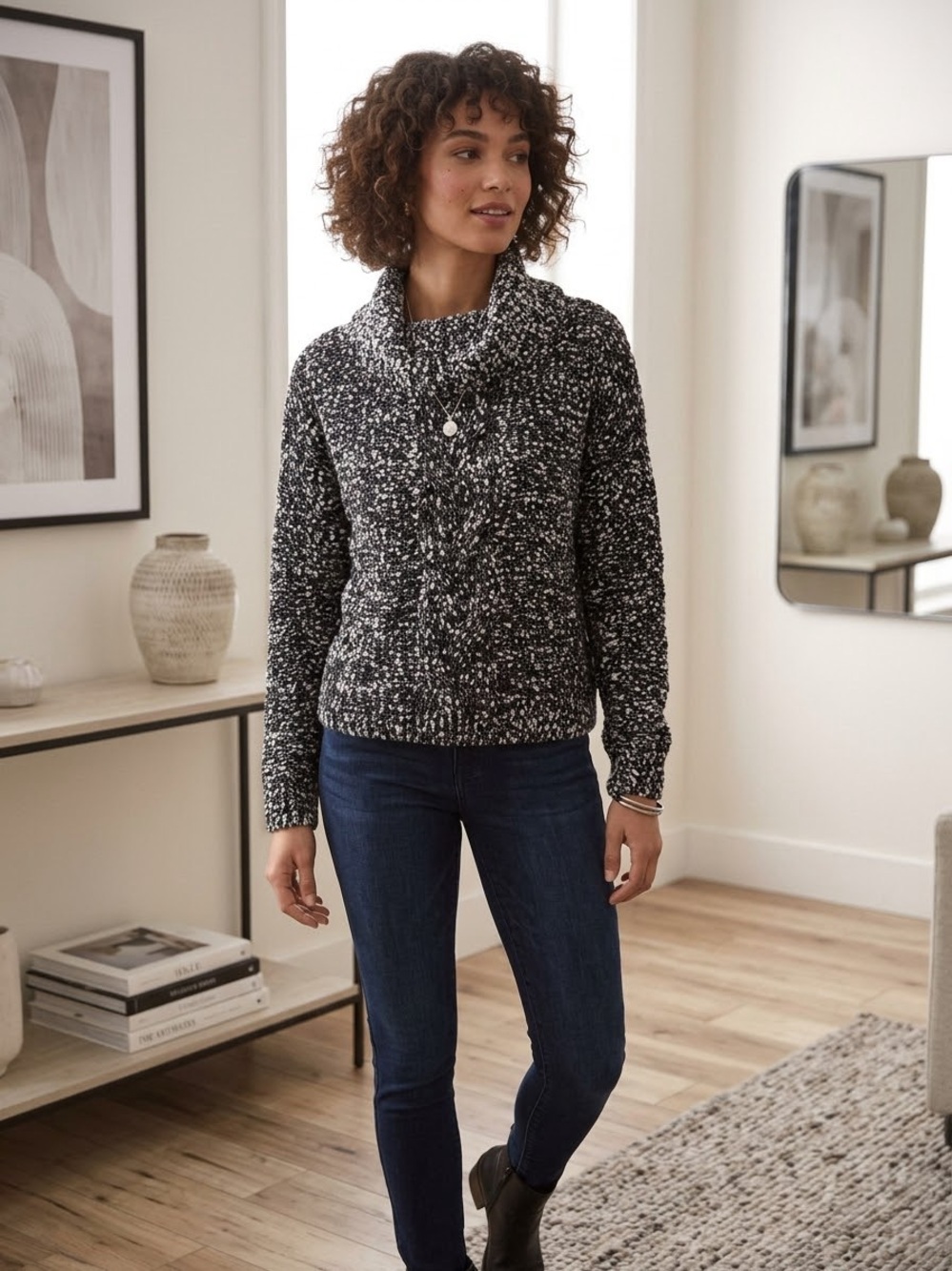 Elan Cowl Neck Marled Knit Slouchy Relaxed Fit Sweater Small.